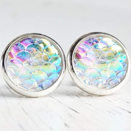 Opal Mermaid In Silver Settings Stud Earrings Hypoallergenic Posts