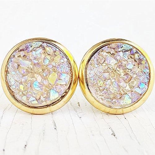 Opal On Gold - Druzy Stud Earrings - Hypoallergenic Posts