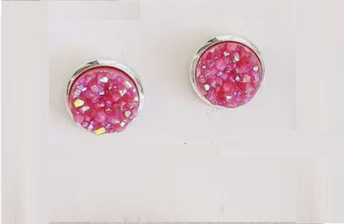 Hot Pink On Silver - Druzy Stud Earrings - Hypoallergenic Posts