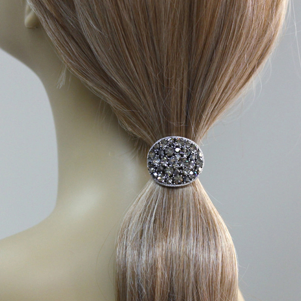 silver crystal ponytail holder in hair