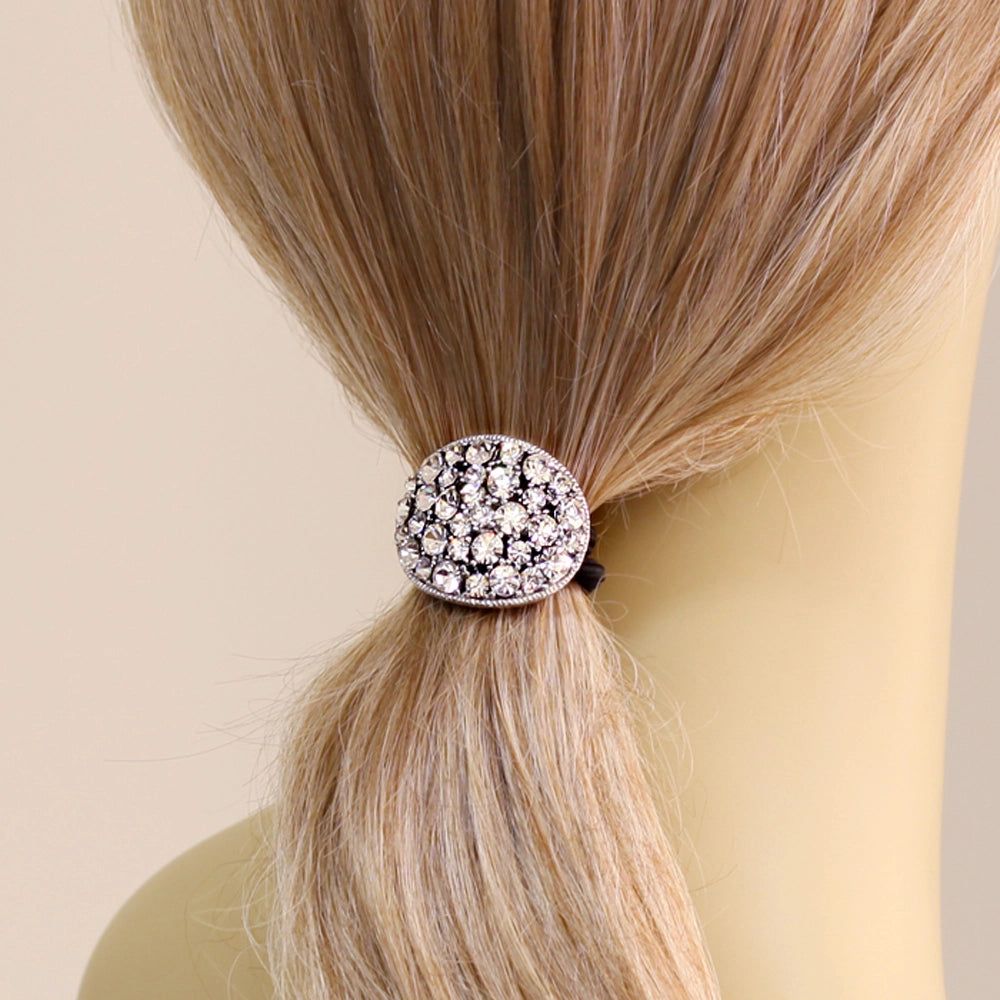 silver crystal ponytail holder in hair