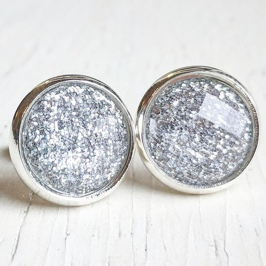 Silver Glitter Stud Earrings Hypoallergenic Posts