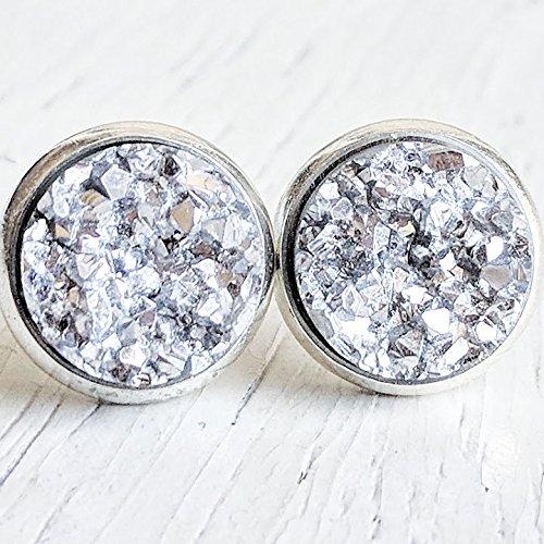 Silver On Silver Druzy Stud Earrings Hypoallergenic Posts