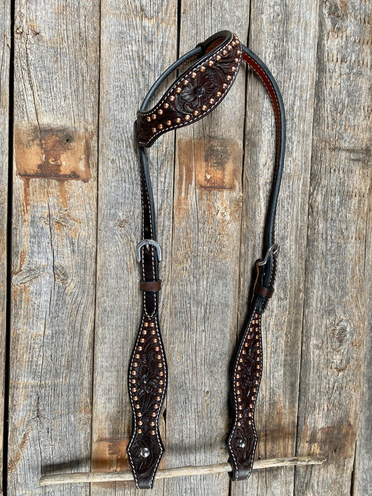 Dark Oil Floral Tooled with Copper Dots One Ear Headstall