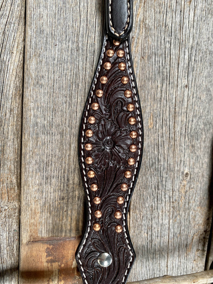 Dark Oil Floral Tooled with Copper Dots One Ear Headstall